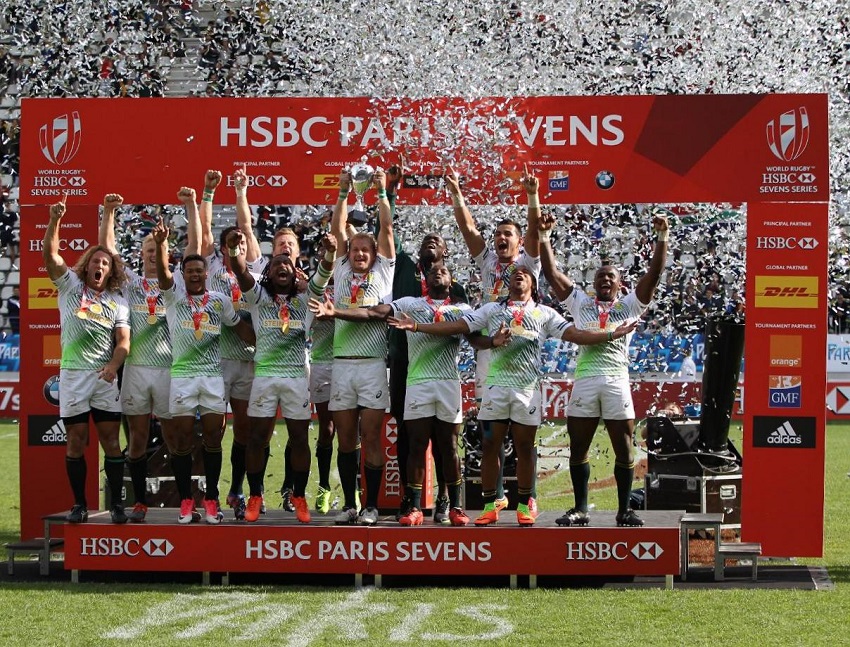 South Africa at the Cup Final on day two of the HSBC Paris Sevens, round nine of the HSBC World Rugby Sevens Series.