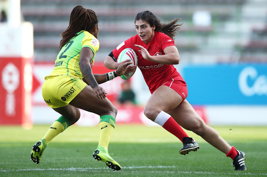 Canada's Bianca Farella charges against the Australia defense on day one of the HSBC World Rugby Women's Sevens Series in Kitakyushu on 20 April, 2019. Photo credit: Mike Lee - KLC fotos for World Rugby