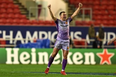 Chapions Cup: Joe Simmonds esulta al termine della scorsa finale vinta da Exeter, riusciranno gli inglesi a ripetersi? - ph. Glyn KIRK / AFP