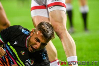 Pierre Bruno delle Zebre esulta dopo la meta. Ph Luca Sighinolfi