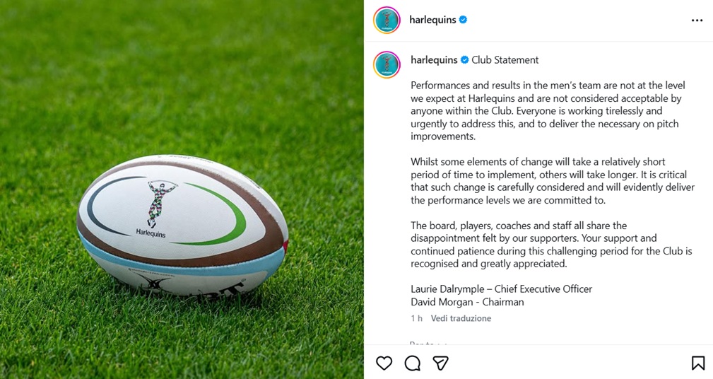 Gli Harlequins perdono ancora e si scusano... con un comunicato stampa!